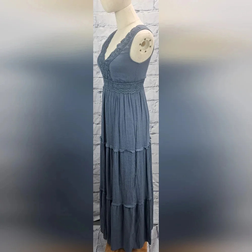Rebellion Again Ruffled Boho Lace Maxi Dress V-Neck Dark Blue Rayon Y2K Size  XS - Picture 6 of 16